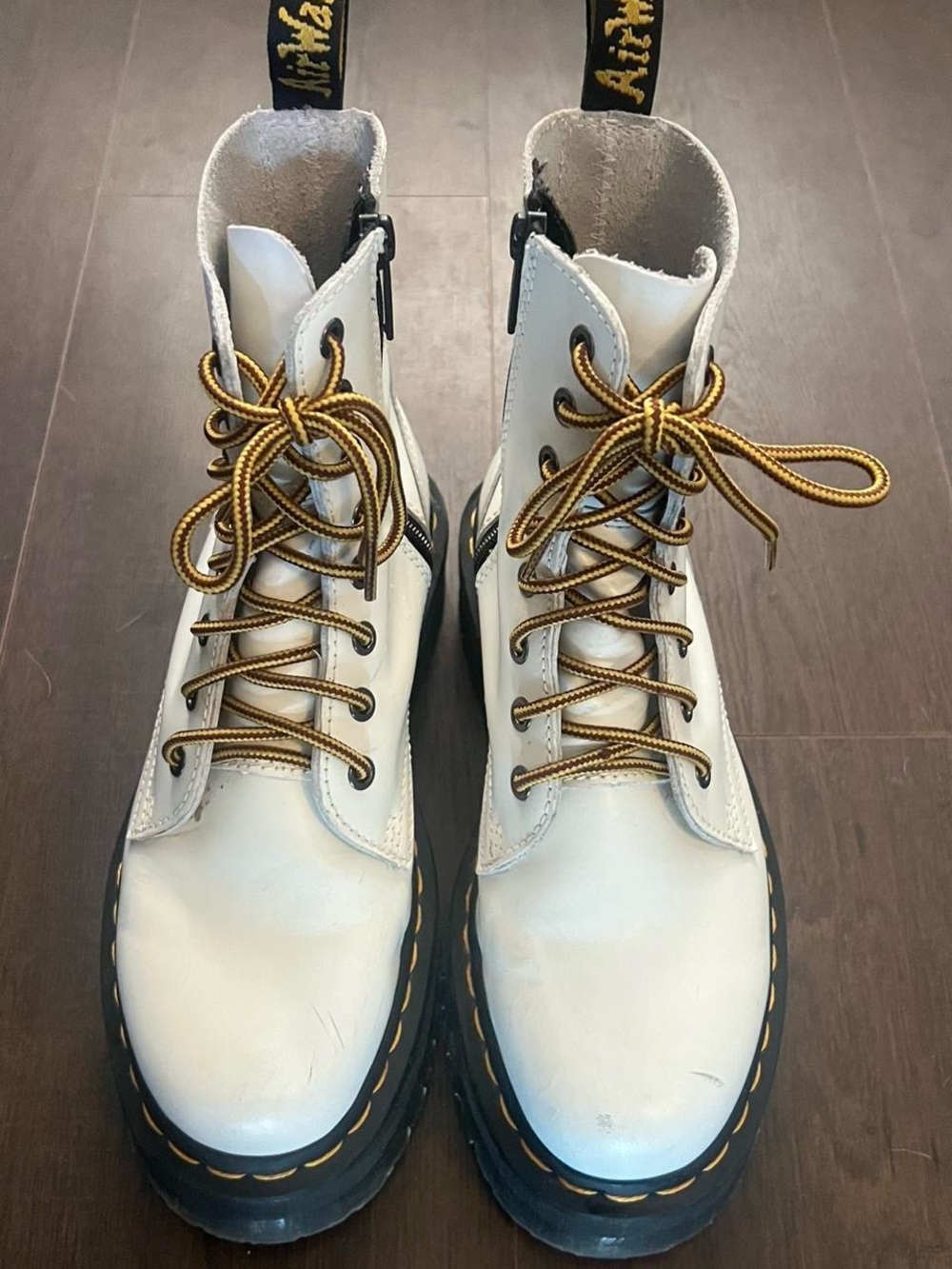 Dr. Martens White Platform Lace-Up Boots with Yellow Accents